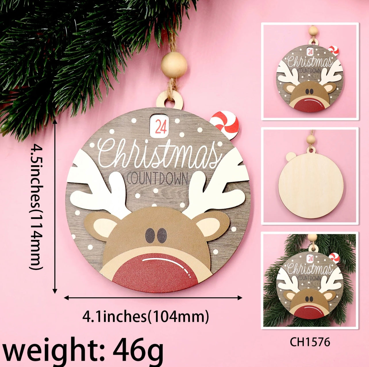 Reindeer Countdown Ornament, Wooden